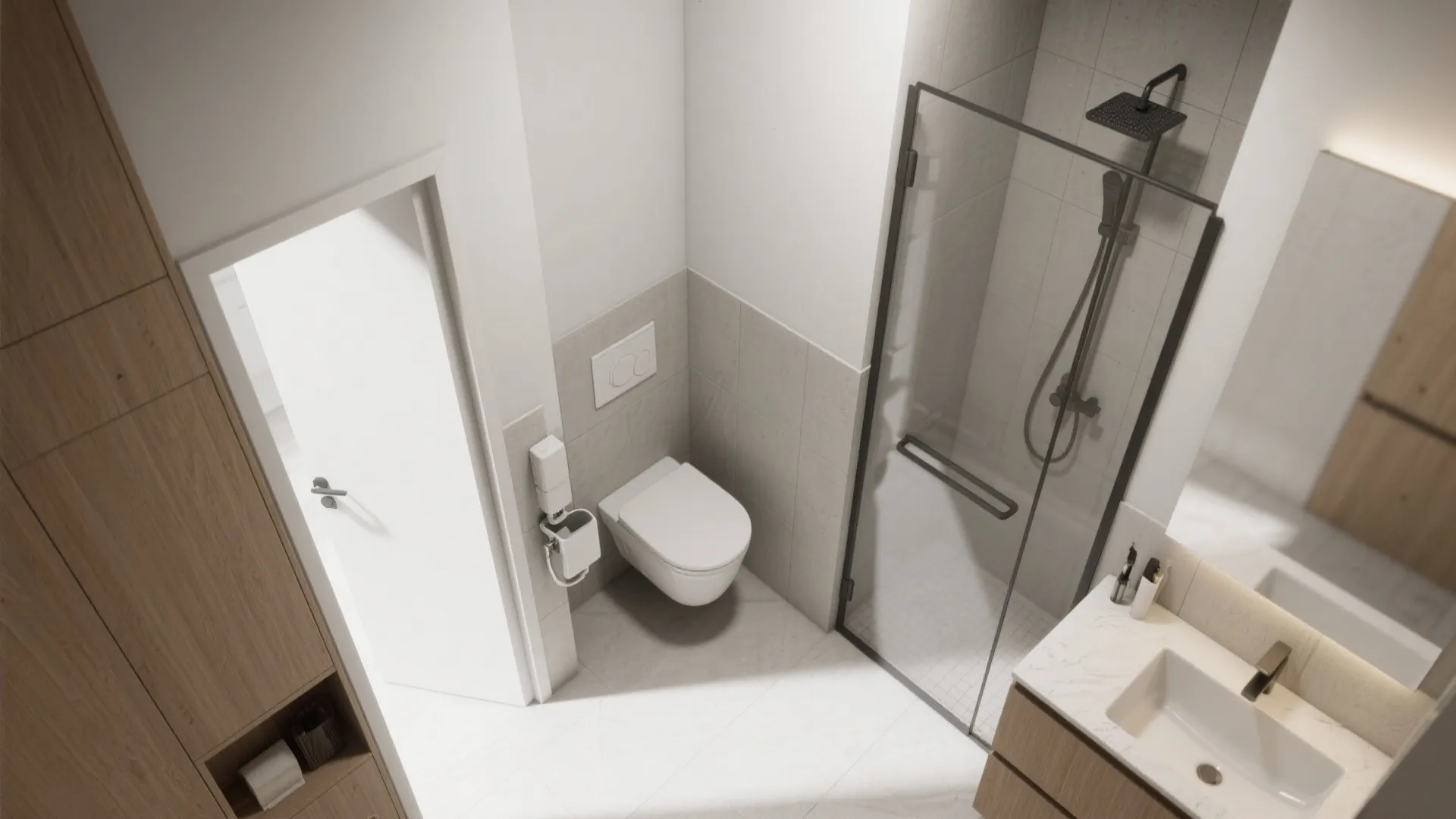 Top-down layout of compact bath with back-to-back plumbing, narrow niche WC, wall-hung toilet.