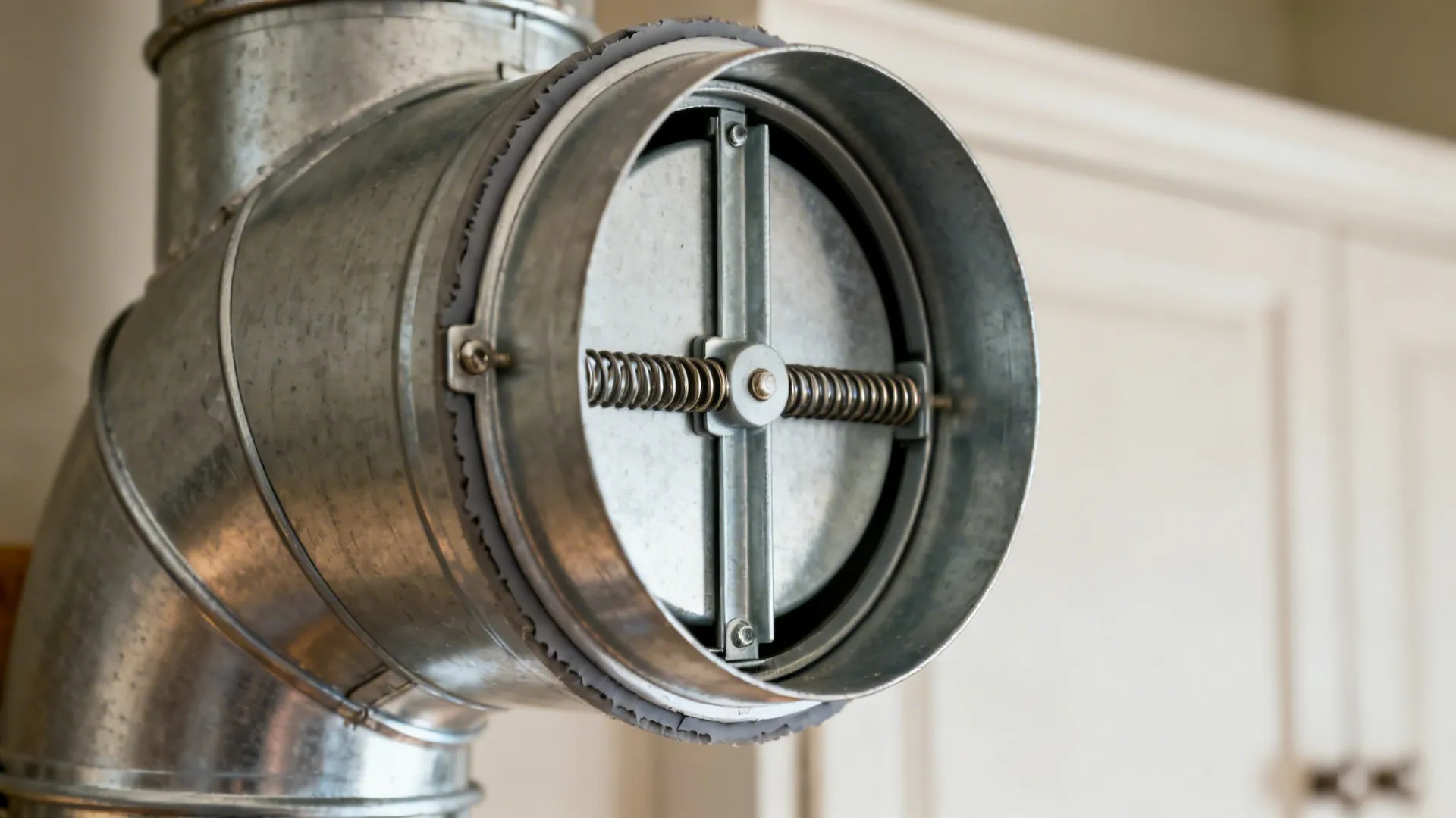 Close-up of a backdraft damper inside a round metal kitchen duct.