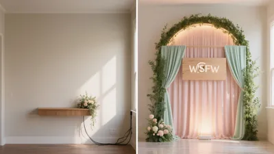 Soft Pastel Event Backdrop with Greenery & Warm Lighting