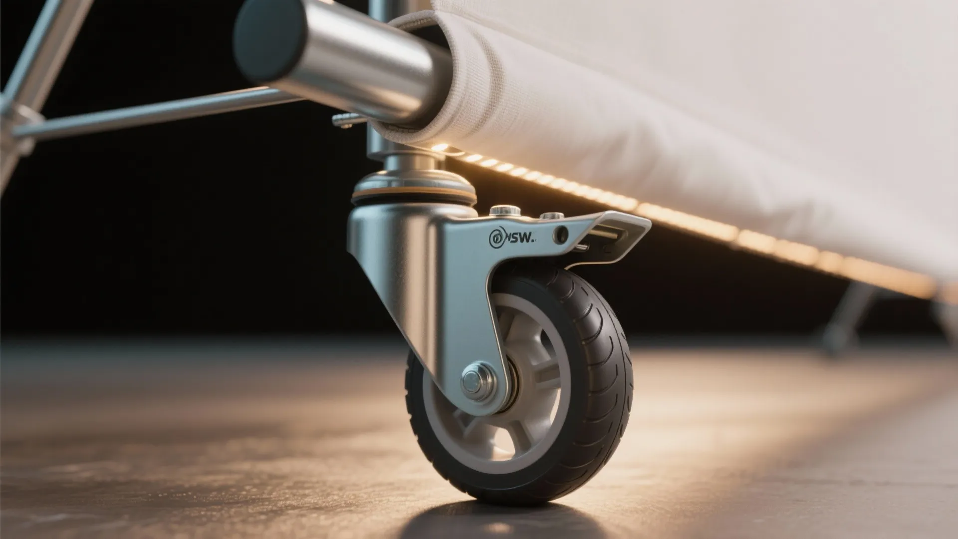 Metal wheel attached to white backdrop with warm light strip on a grey studio floor