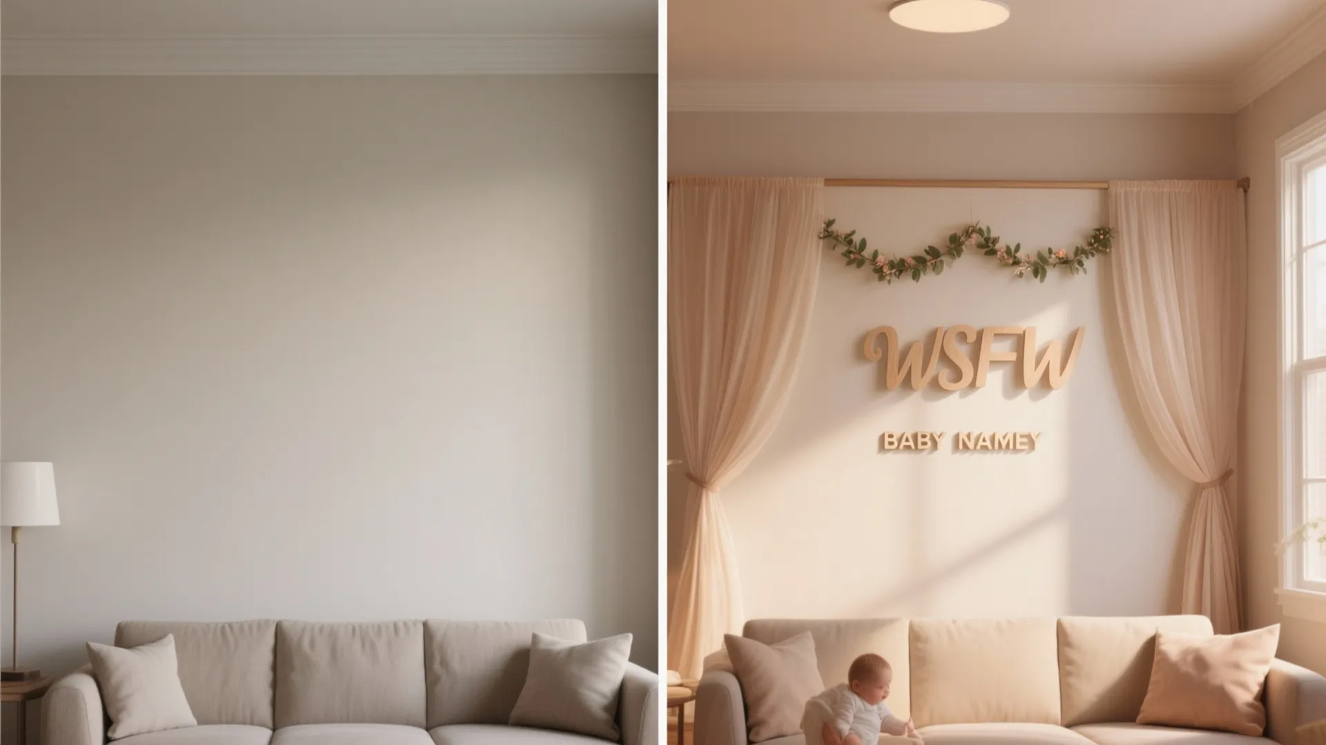 Comparison of a plain white wall versus a decorated wall with curtains and wall sign
