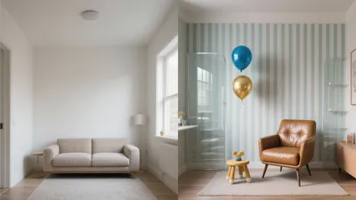 Modern Living Room with Striped Wall & Cozy Seating