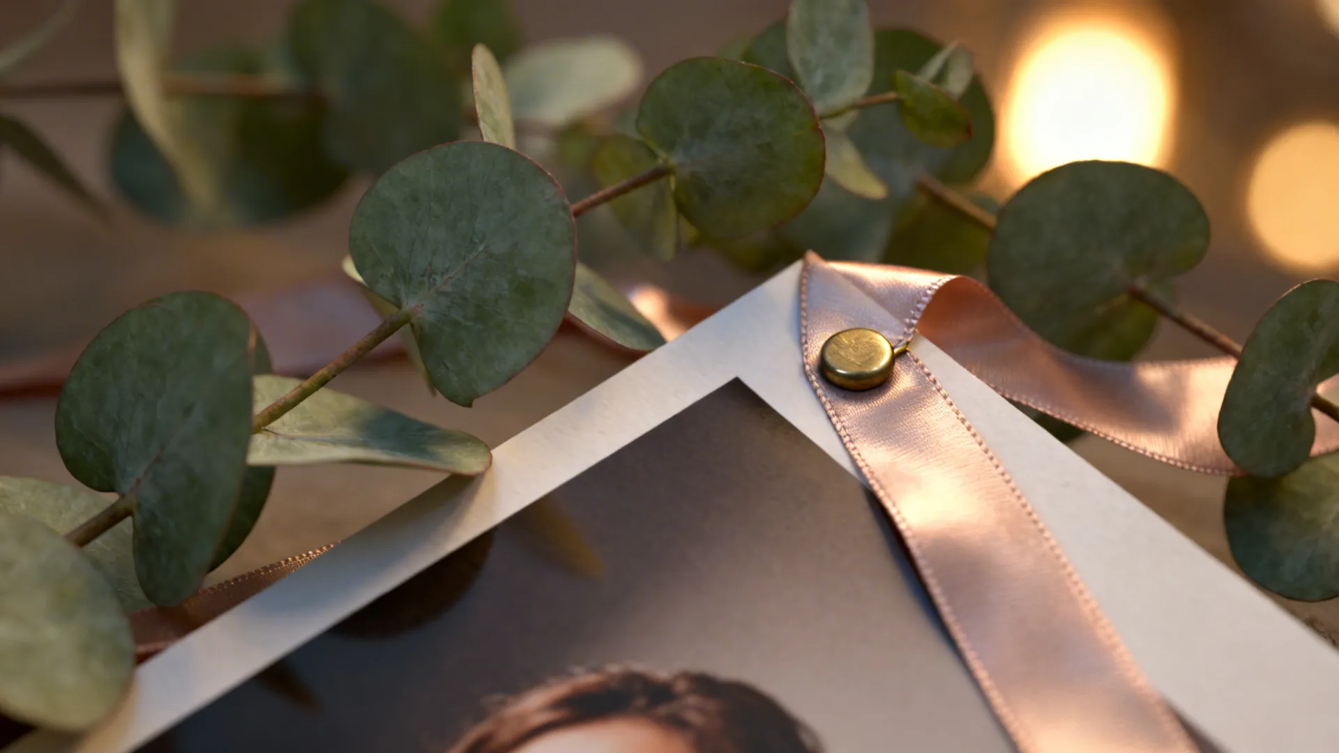Macro of eucalyptus and satin ribbon framing a photo with warm glowing highlights.