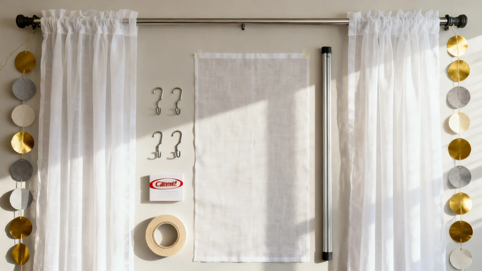 Flat-lay of sheers, hooks, a tension rod, tape, and a fabric panel for a photo wall.
