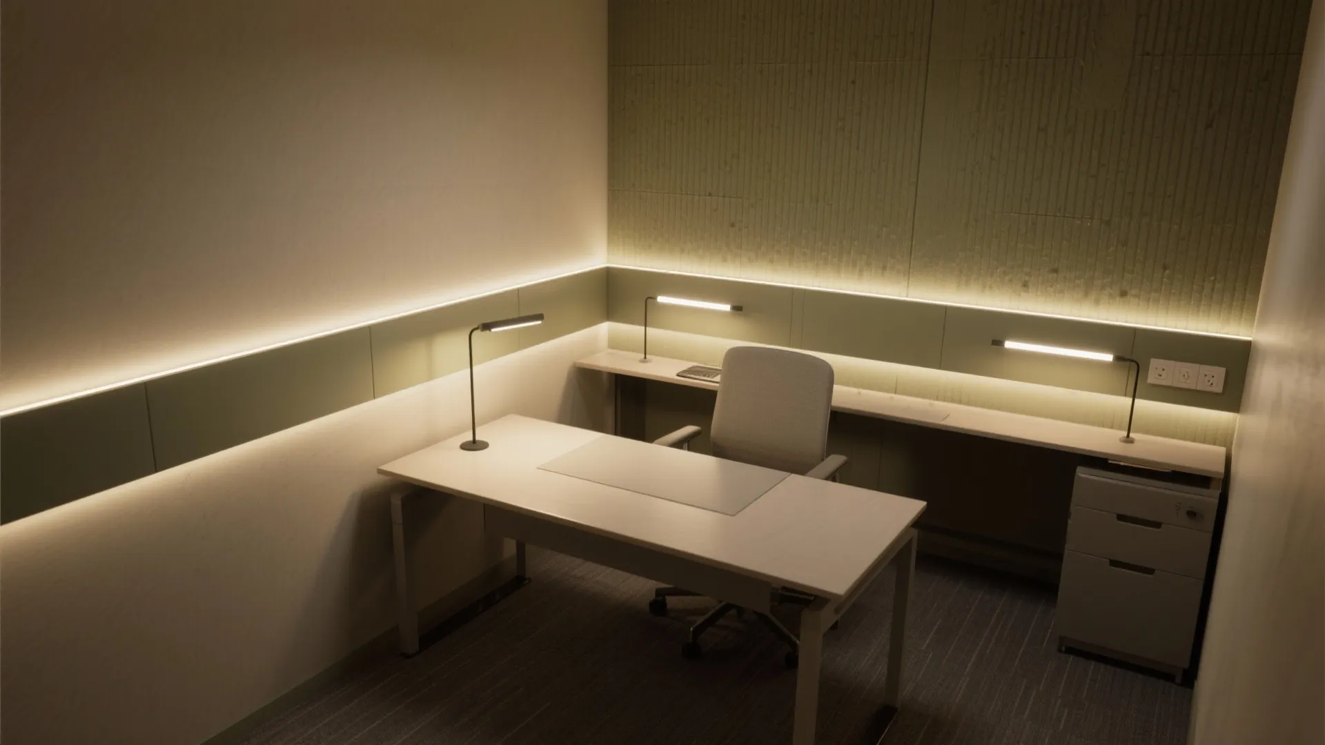 Modern office room with white desk grey chair small cabinet and warm wall light strips