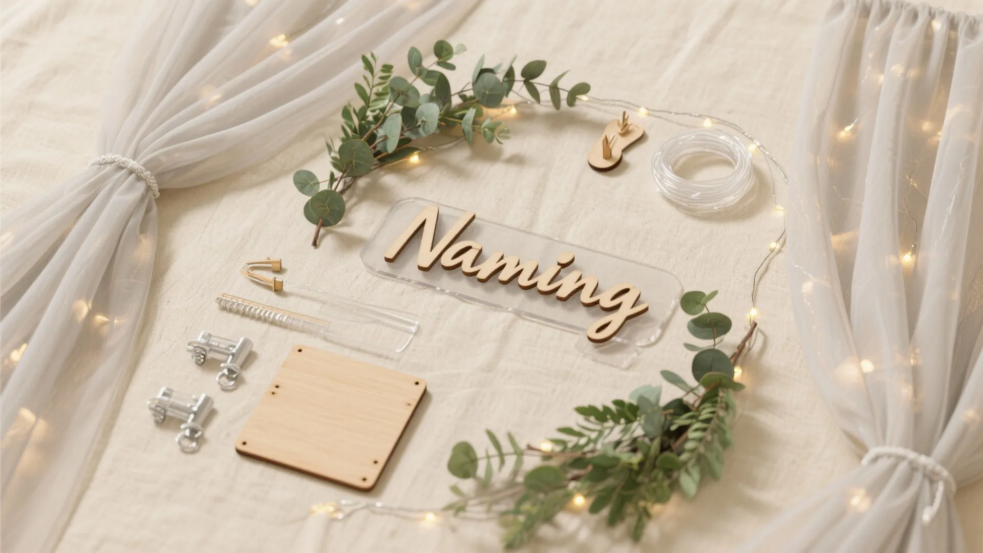 DIY Airy Backdrop: Gauze, Greenery, and a Name Sign