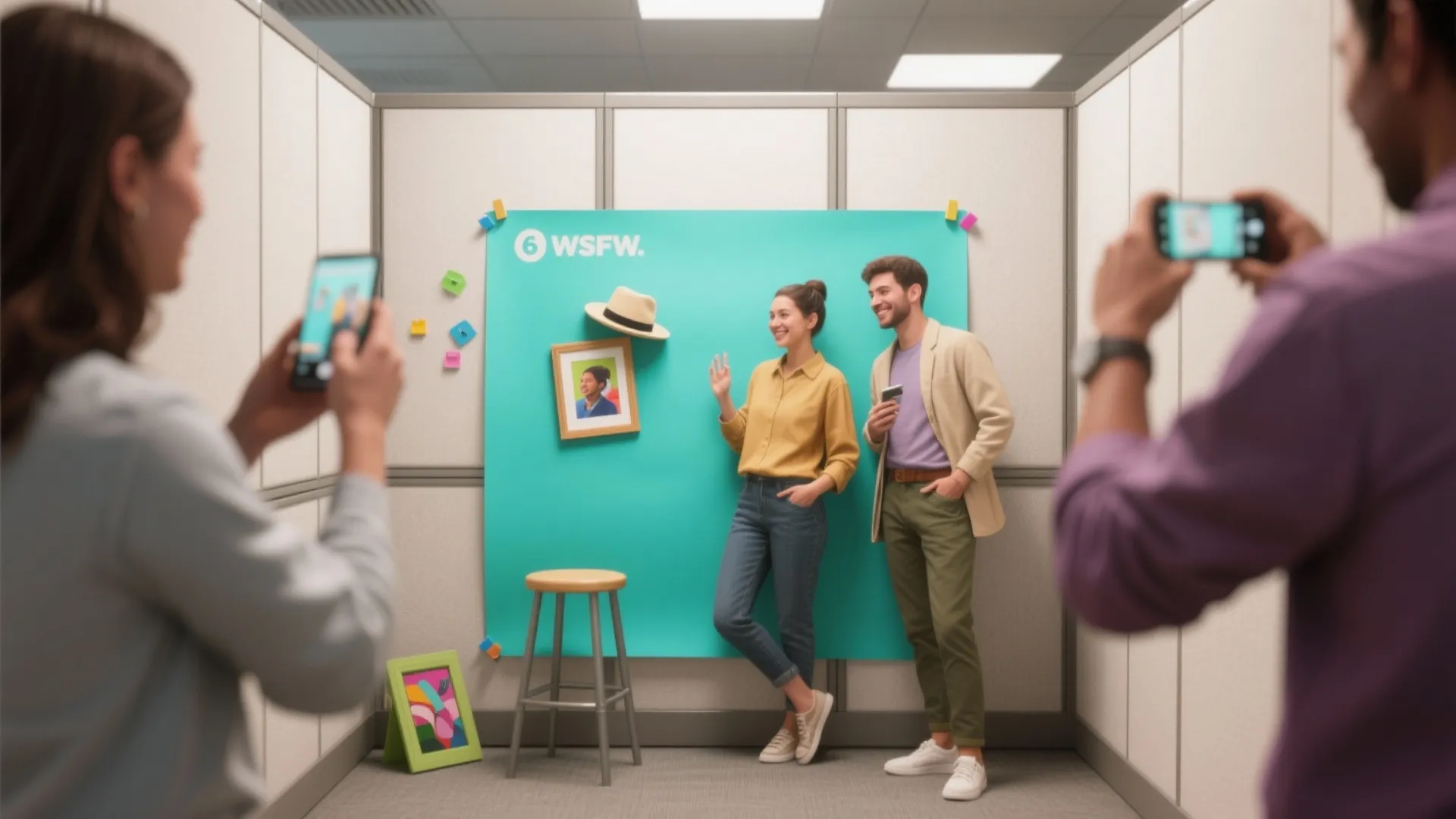 Small cubicle photo corner with a printed vinyl backdrop, removable strips and simple photo props for lunch break pictures.