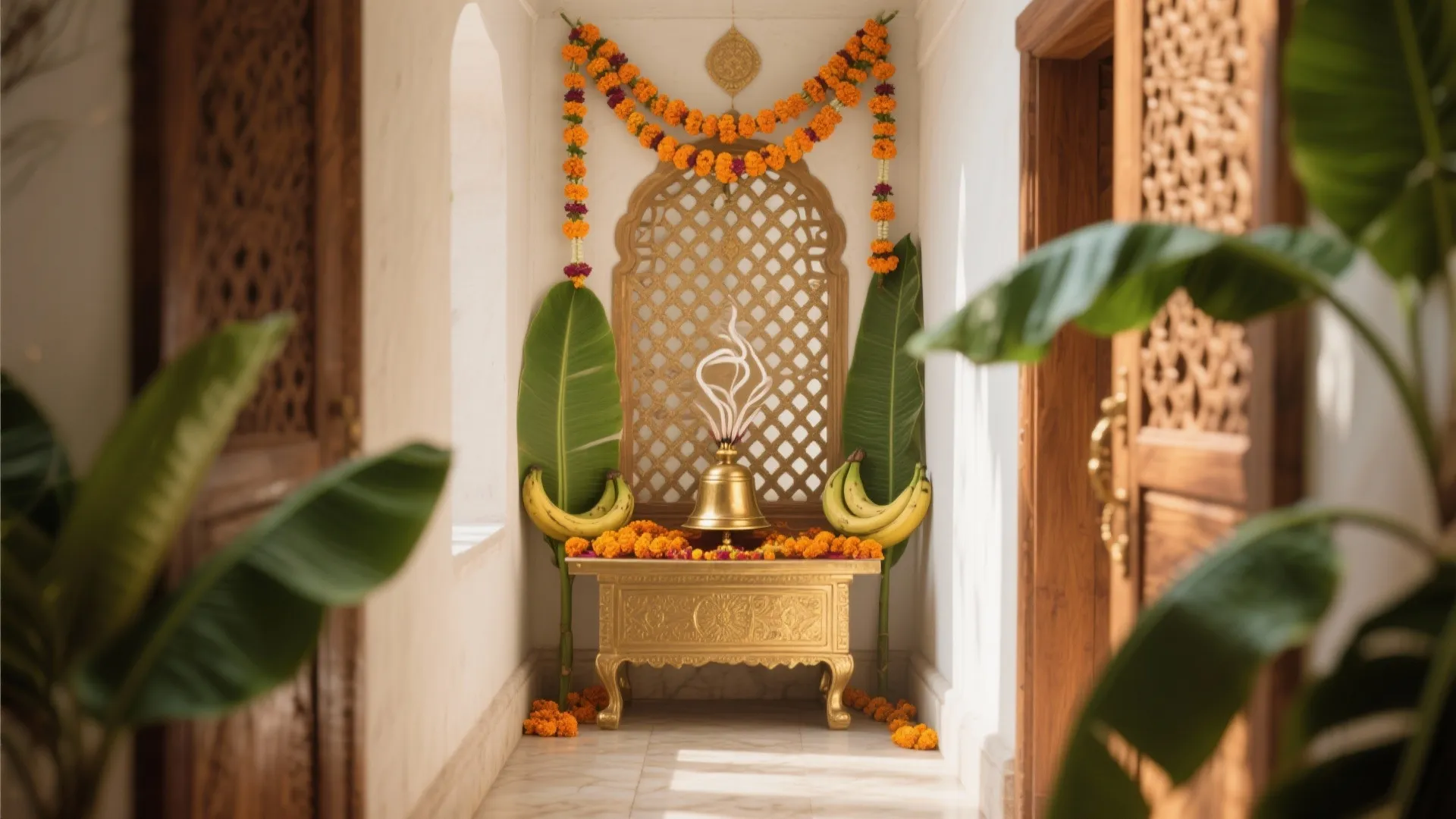 Puja niche with jaali backdrop, banana leaves, marigold strings, subtle incense, and brass bell creating a sacred atmosphere.