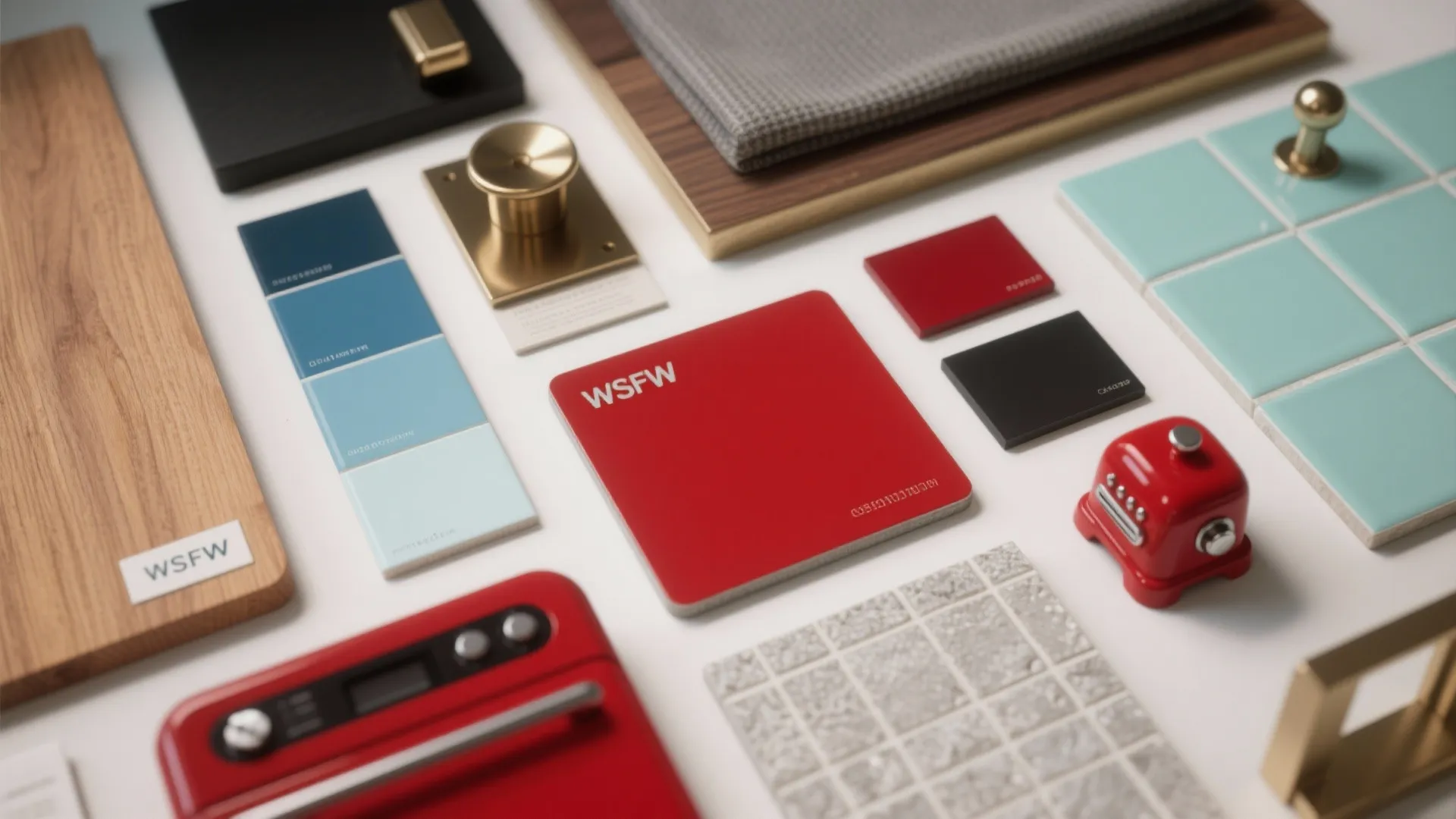 Interior design mood board with wood texture blue tiles red color samples and gold door handles