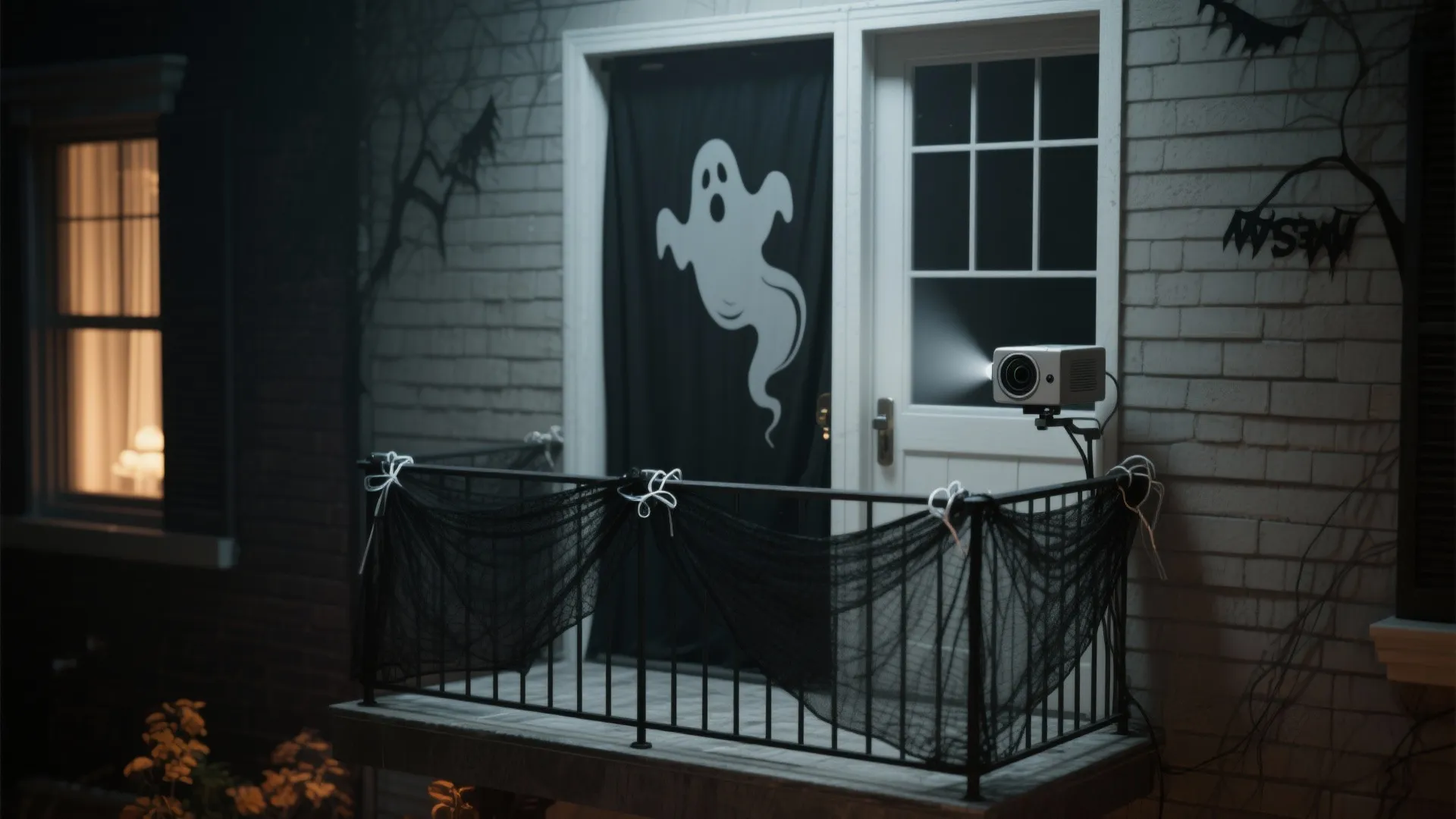 Halloween balcony decoration with ghost curtain black mesh railing cover projector and white brick wall background