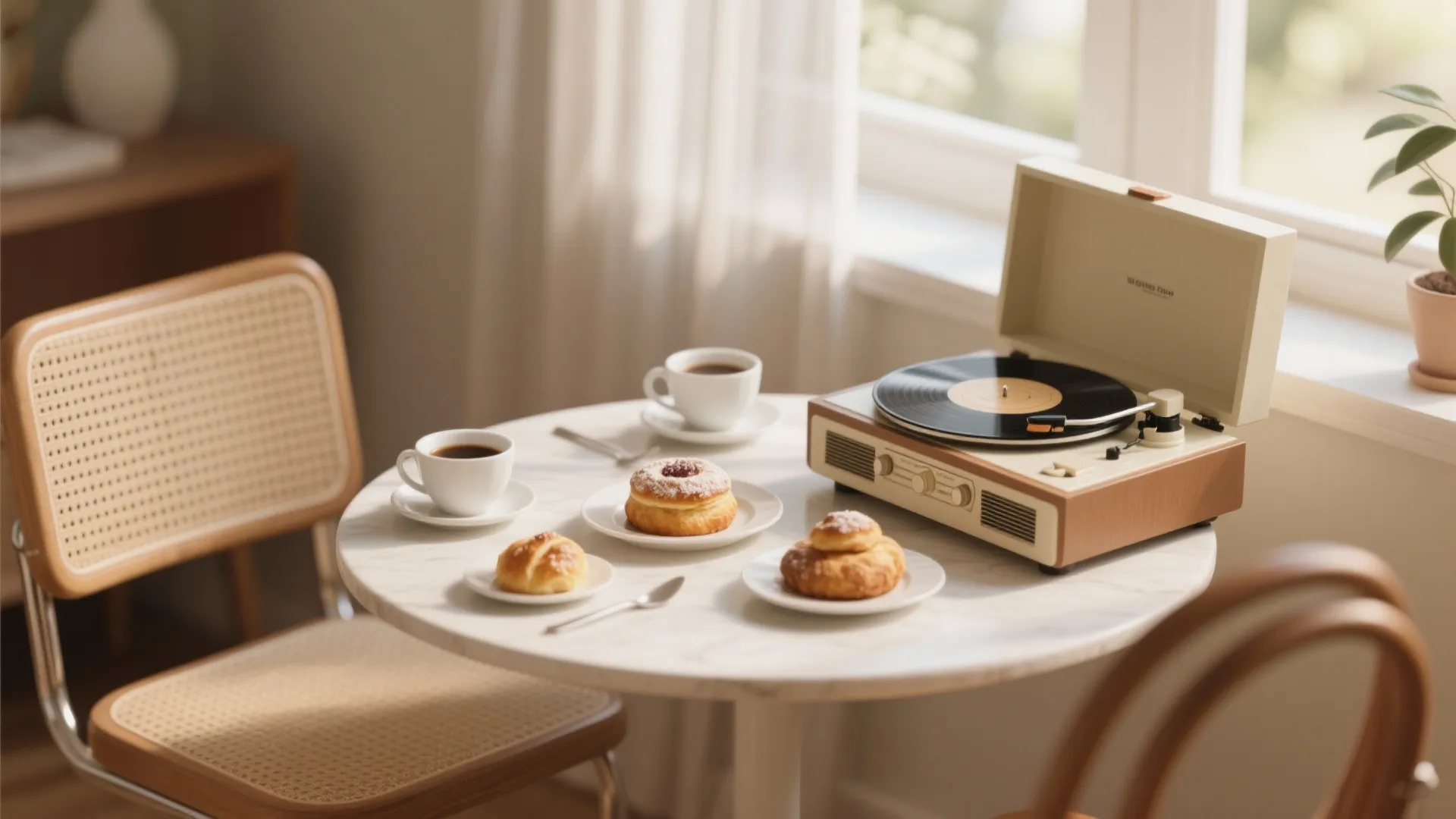 Round white marble dining table with coffee cups pastries and a vintage record player record
