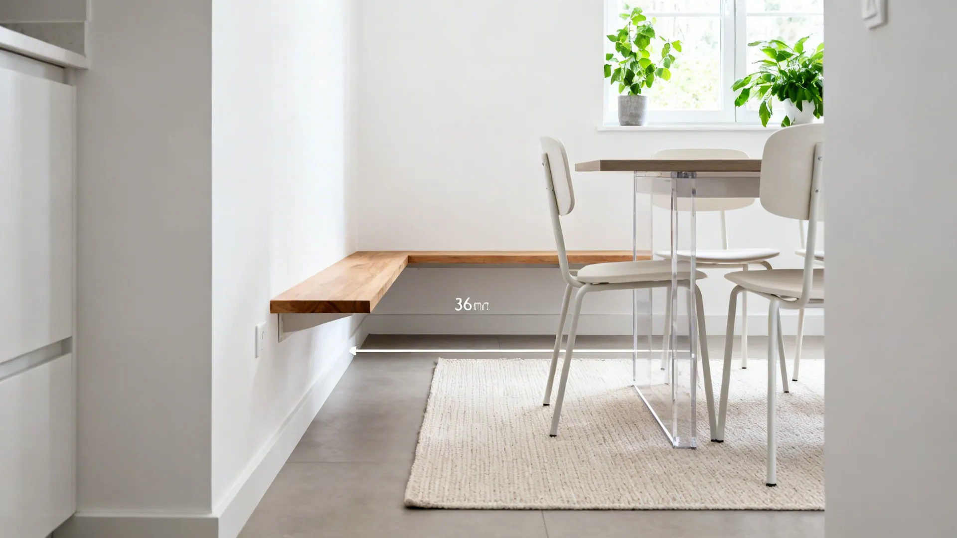 Narrow dining nook with a slim backless bench under the table and a clear 36-inch aisle.