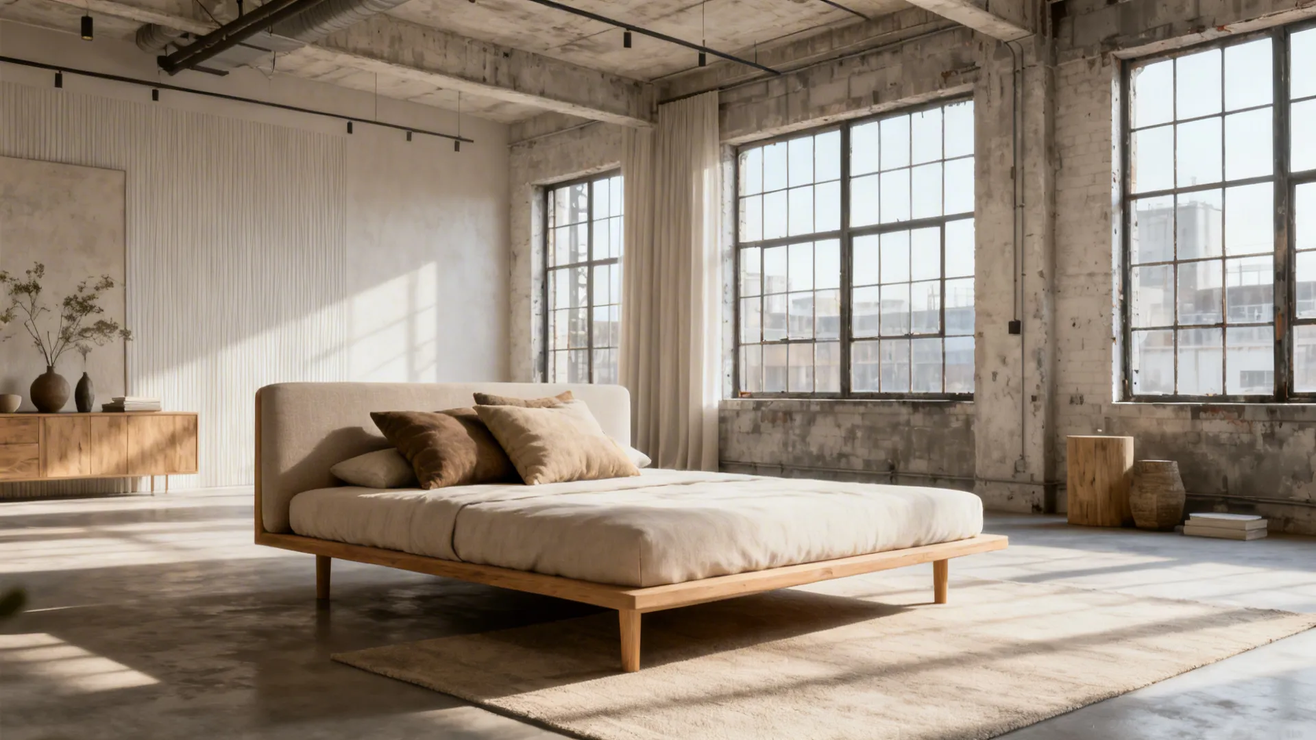 Loft bedroom with a backless daybed at the bed end maintaining open sightlines
