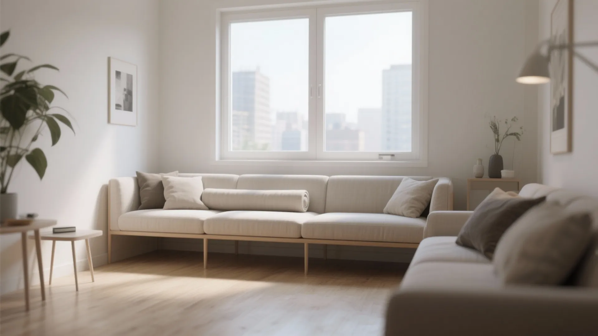 Backless daybed by a window wall opens sightlines and brightens a micro living room.