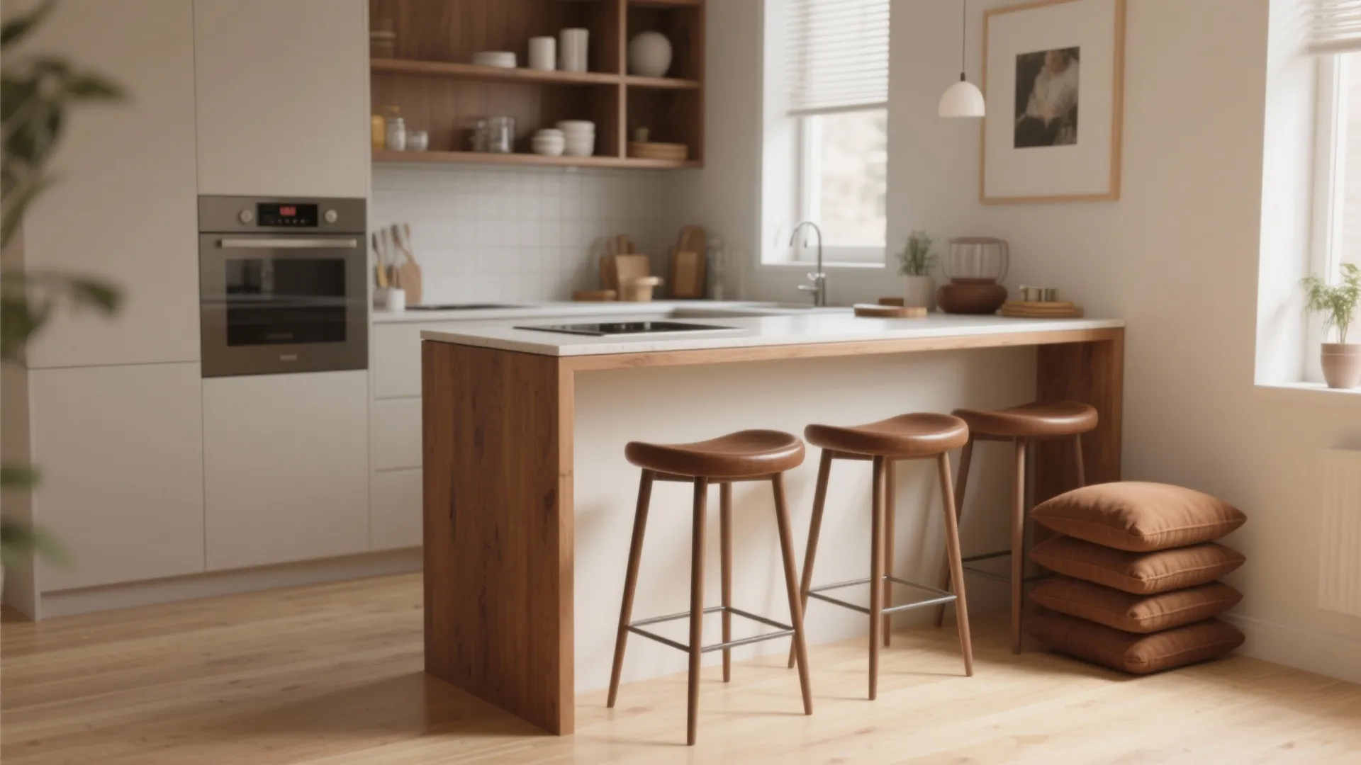 Kitchen island with backless brown stools tucked in to save space in a small studio.
