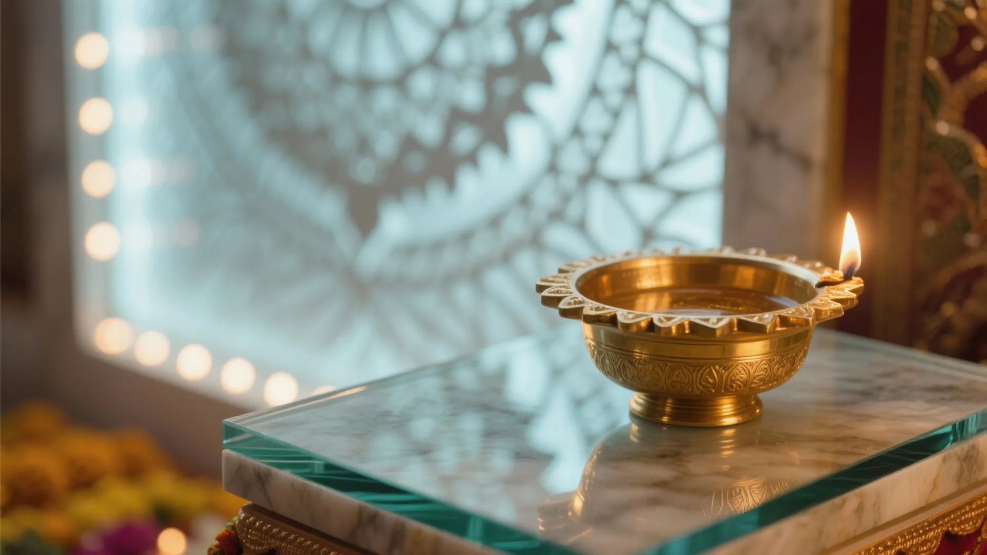 Close-up of diffused LED behind etched glass with warm glow near a brass diya.
