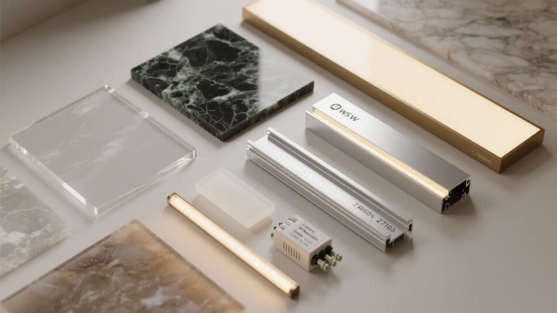 Flat lay of onyx, frosted acrylic, aluminum channels, edge-lit LED strips, opal diffusers, and drivers for backlit panels.