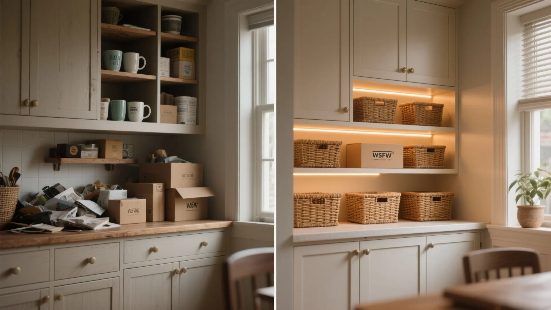 Before and after comparison of messy kitchen shelves versus organized baskets with integrated light fixtures