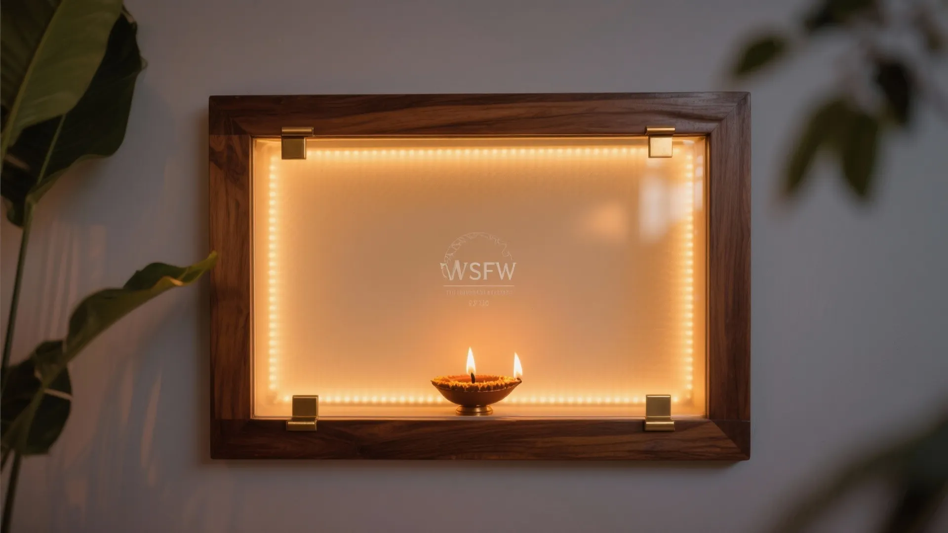 Wall mounted wooden frame with warm LED light strip around a glass panel and candle