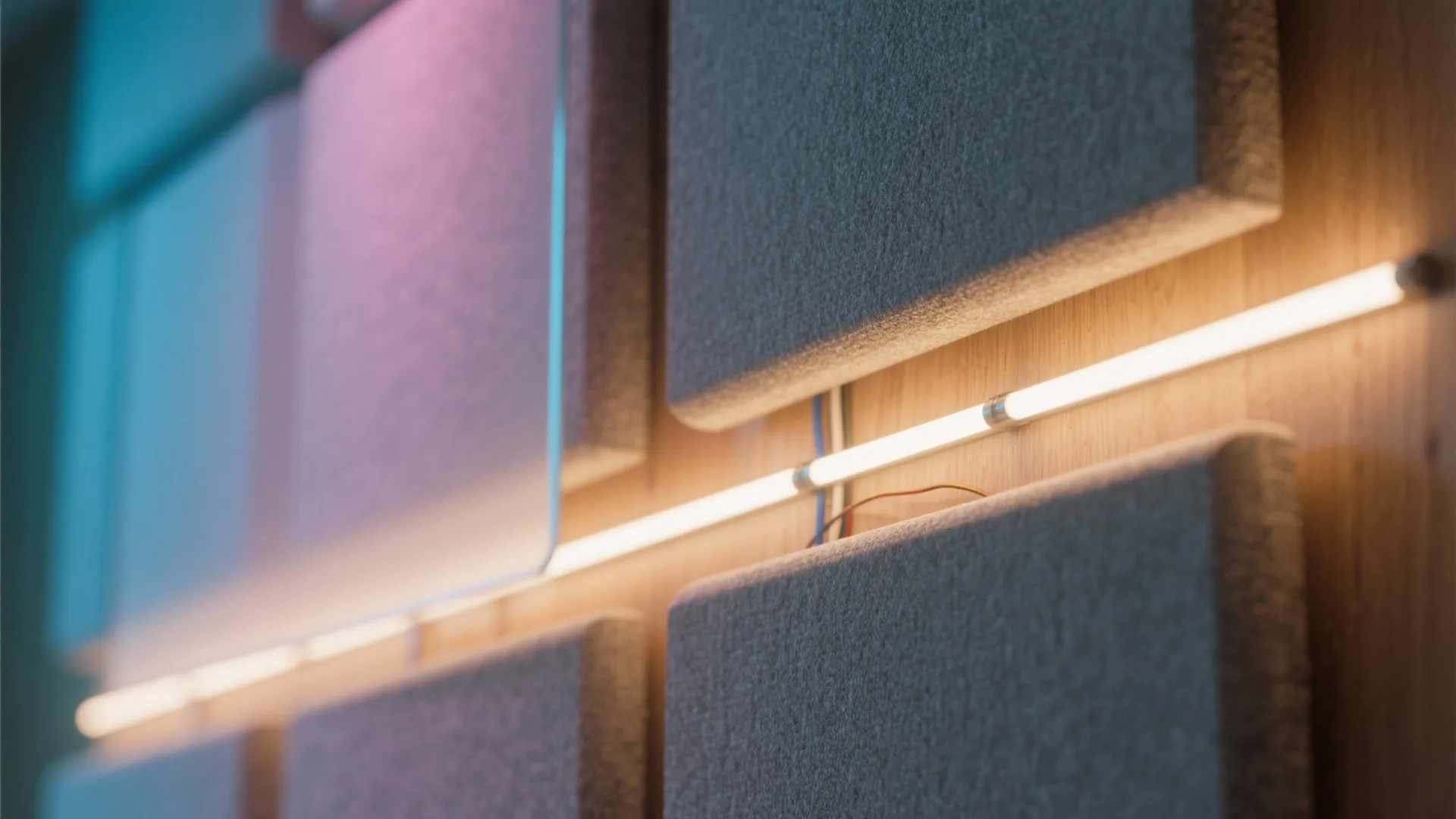 Side view of acoustic panels with hidden LED strips creating a floating backlit effect