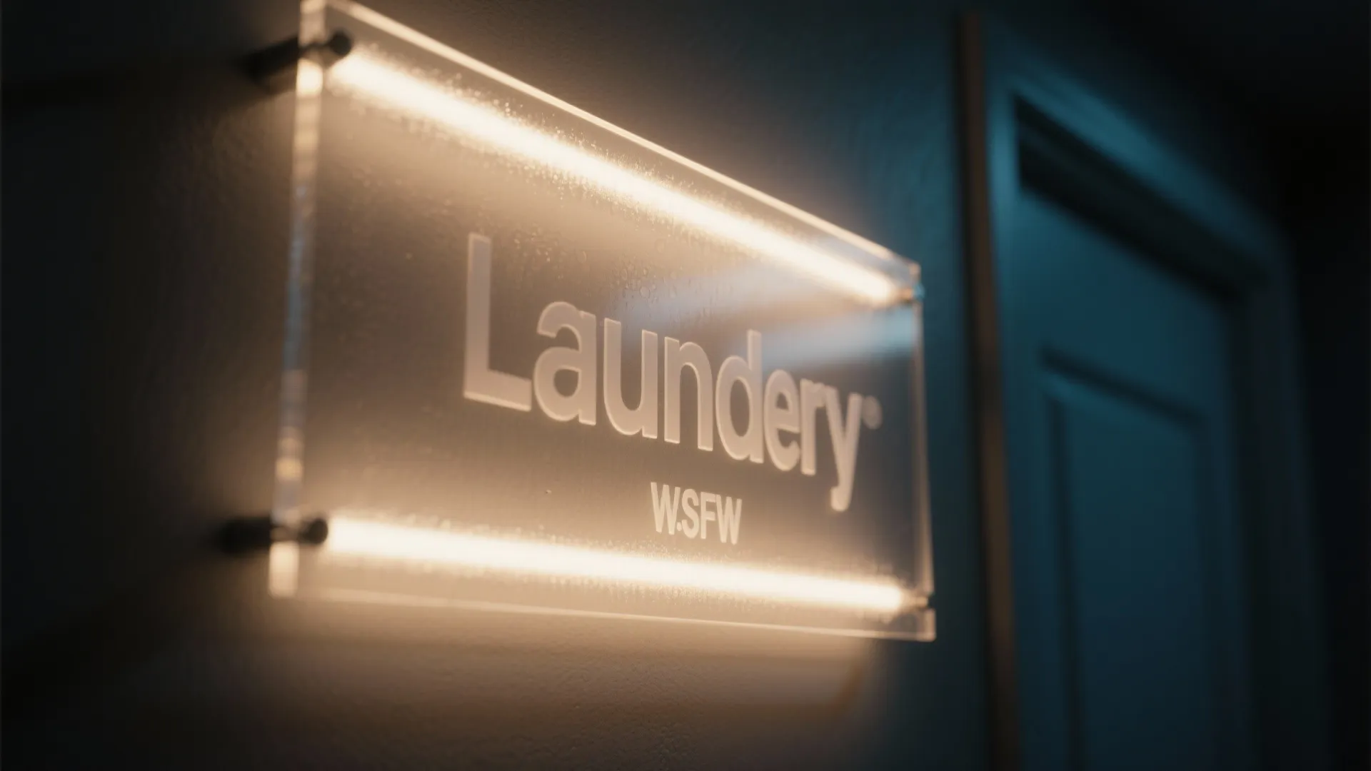 Close-up of a frosted acrylic sign with soft LED backlighting in a dark laundry closet.
