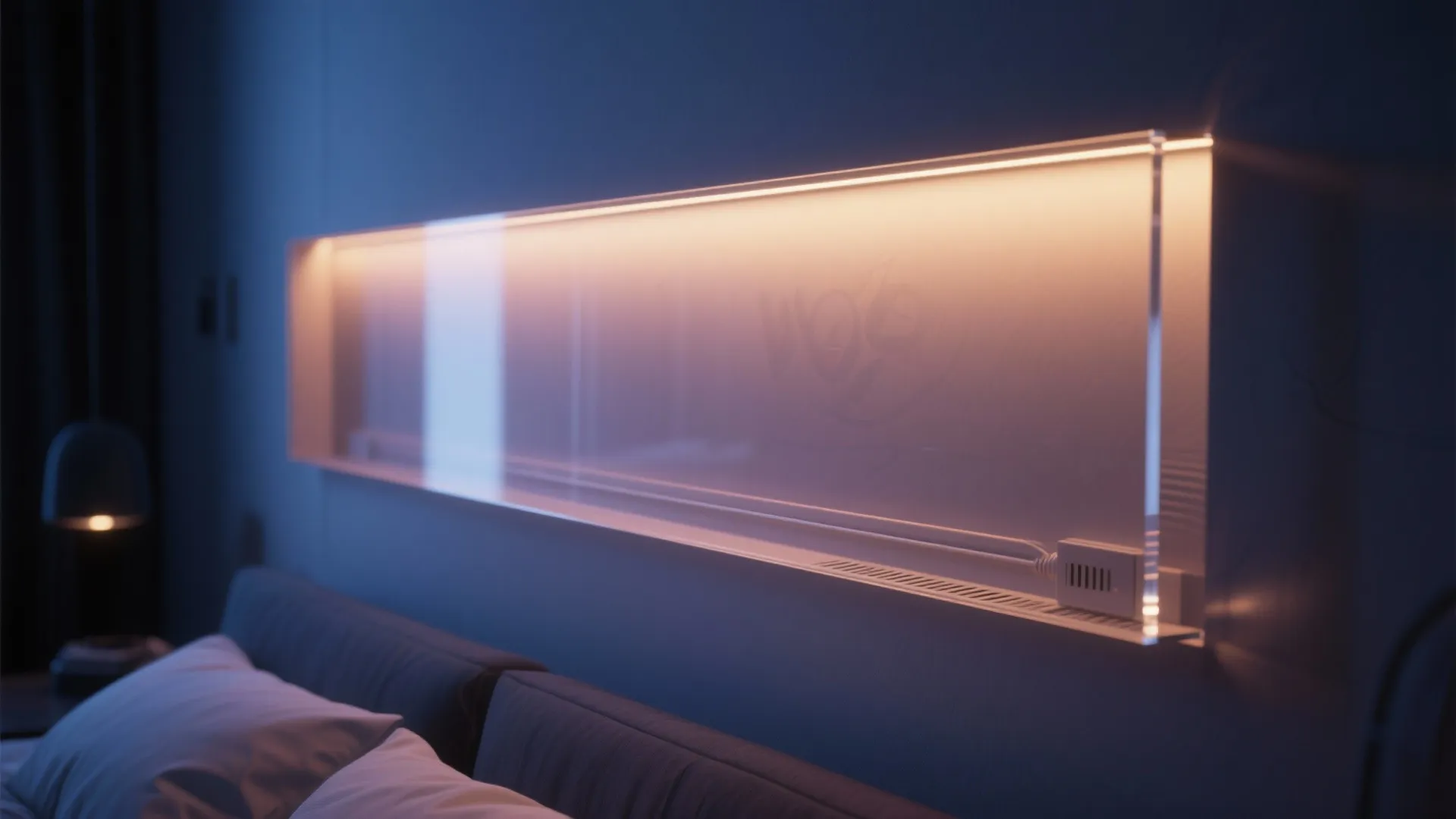 Wall light fixture with glowing orange glass panel above a bed in a dark room