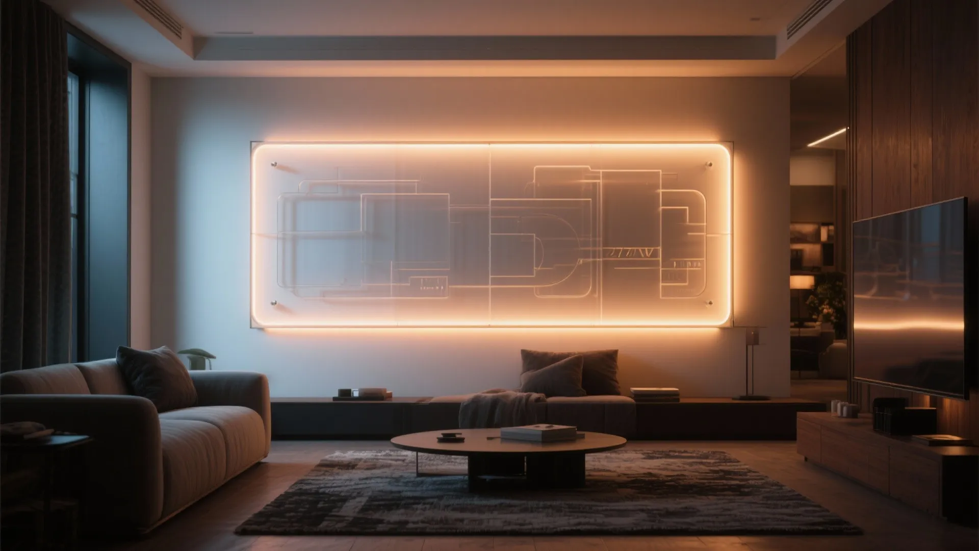Contemporary living room featuring a large glowing wall light panel behind a low grey sofa