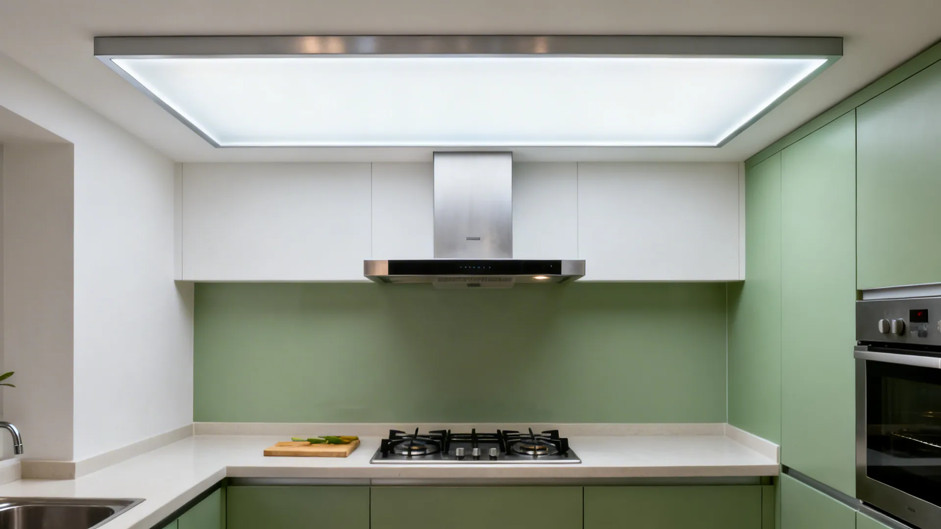 Backlit frosted acrylic ceiling panel above the cookline creating uniform diffuse light.