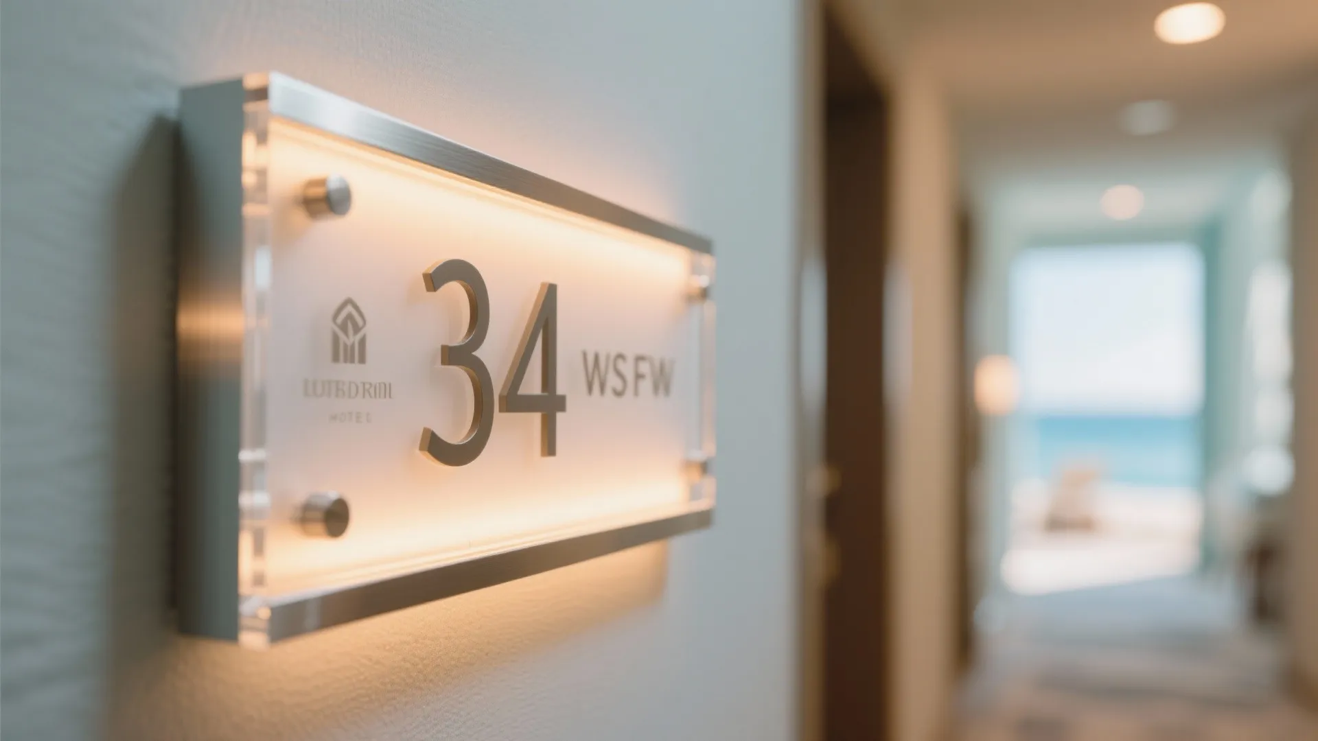 Backlit frosted acrylic hotel room number plate glowing warmly