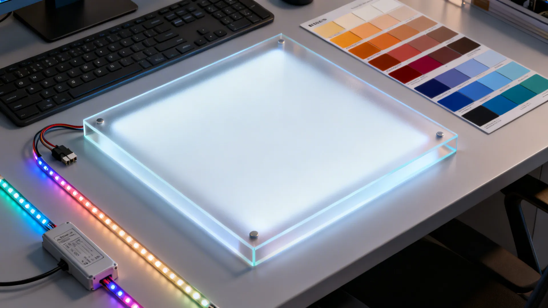 Top-down layout of frosted acrylic panels, RGB LED strips and color swatches for backlit furniture