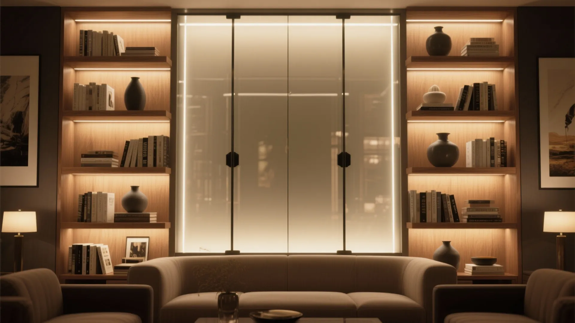 Cozy room featuring a backlit wooden bookshelf with books, vases, grey sofa, and wall lights