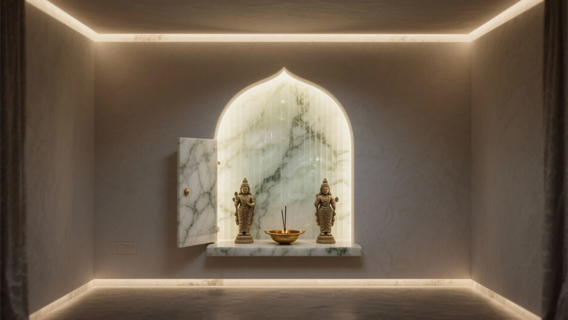 Backlit altar wall with onyx or fluted glass and layered lighting
