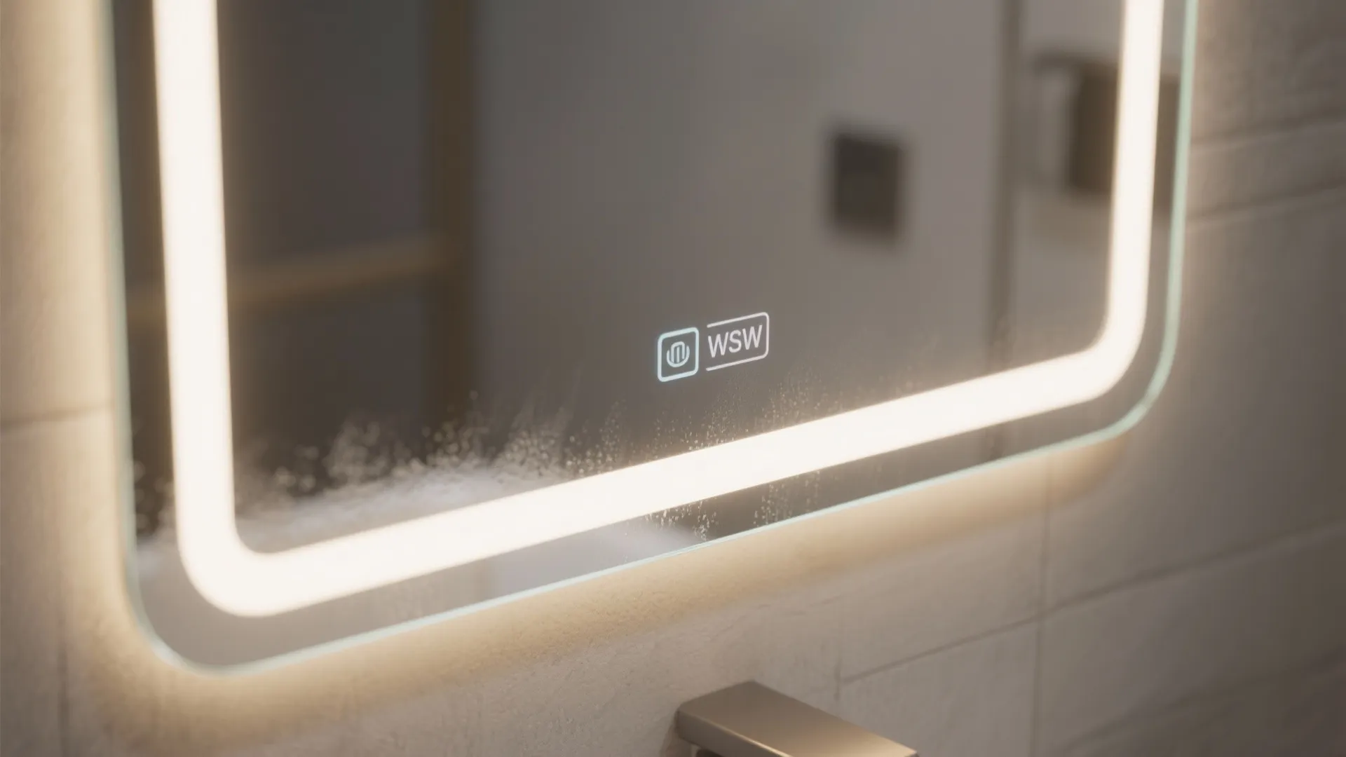 Close up of bathroom mirror with anti fog function showing steam clearing near the lights