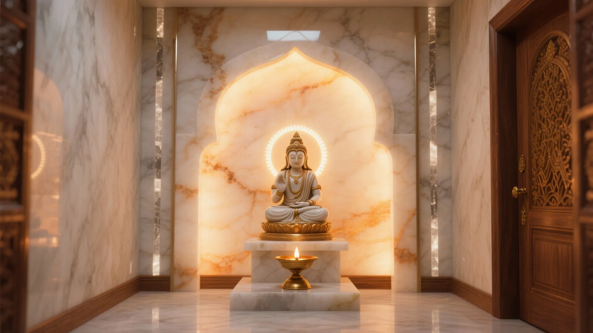 Backlit stone or glass arch for a temple-like glow