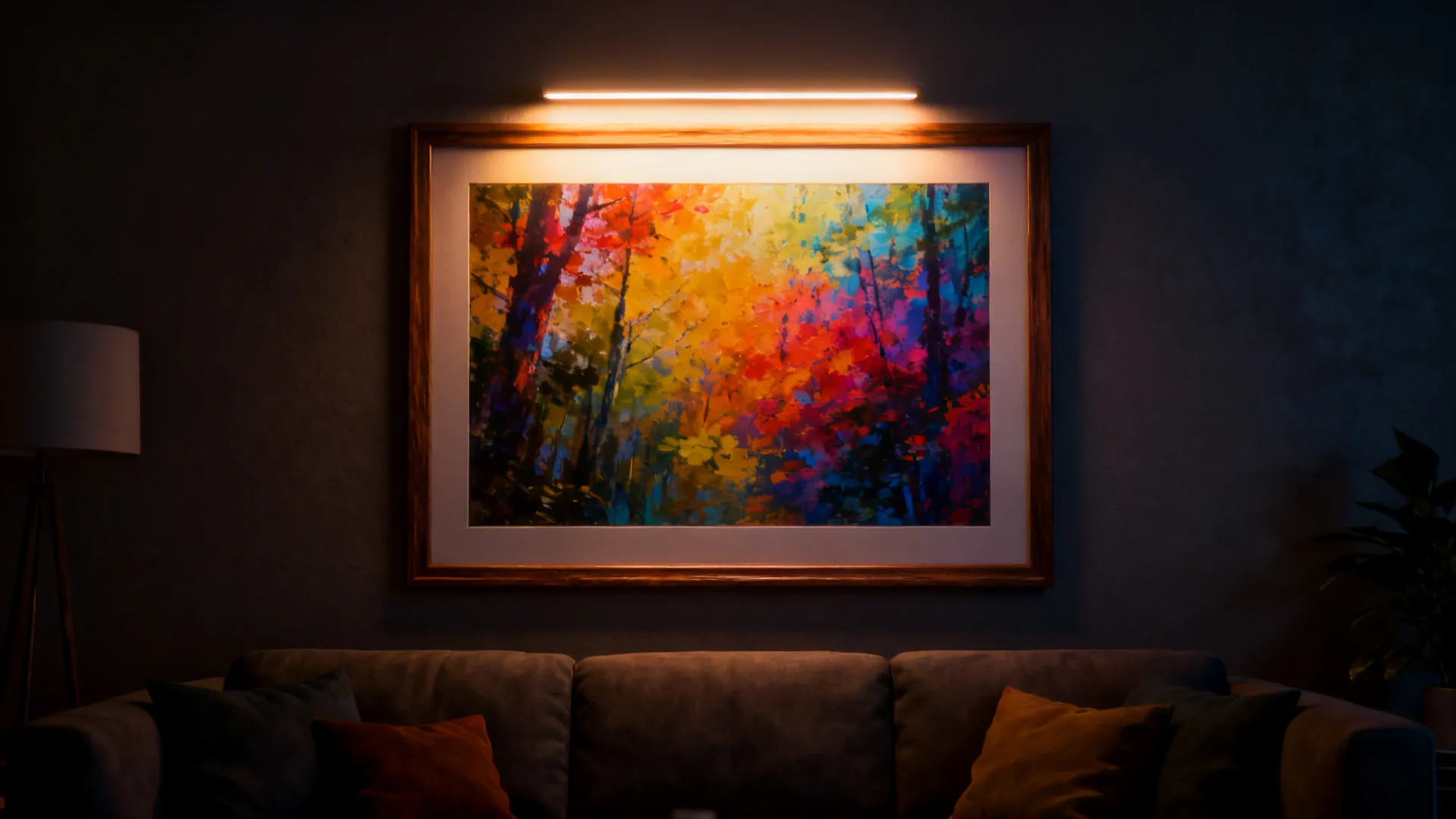 Backlit colorful artwork glowing in a darker living room with dimmable LED lighting.
