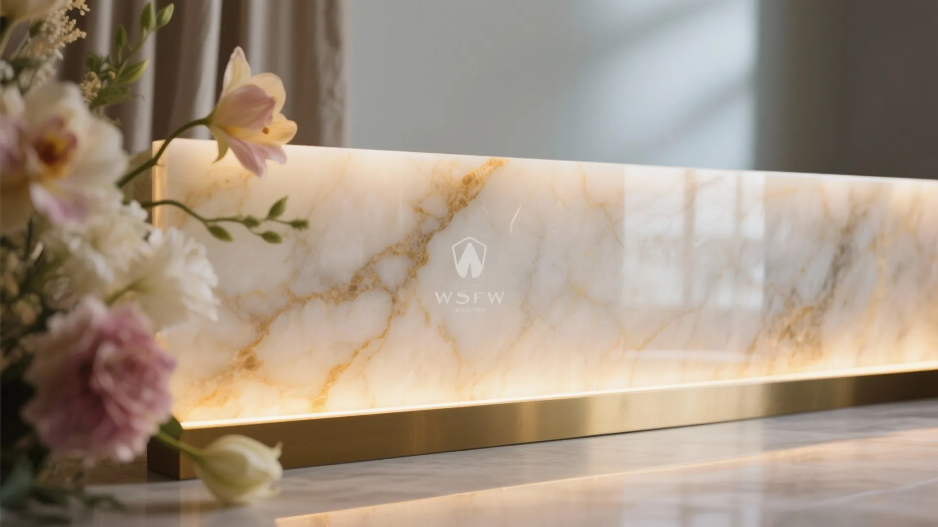 Backlit marble wall panel with gold veins next to soft pink flowers on a table