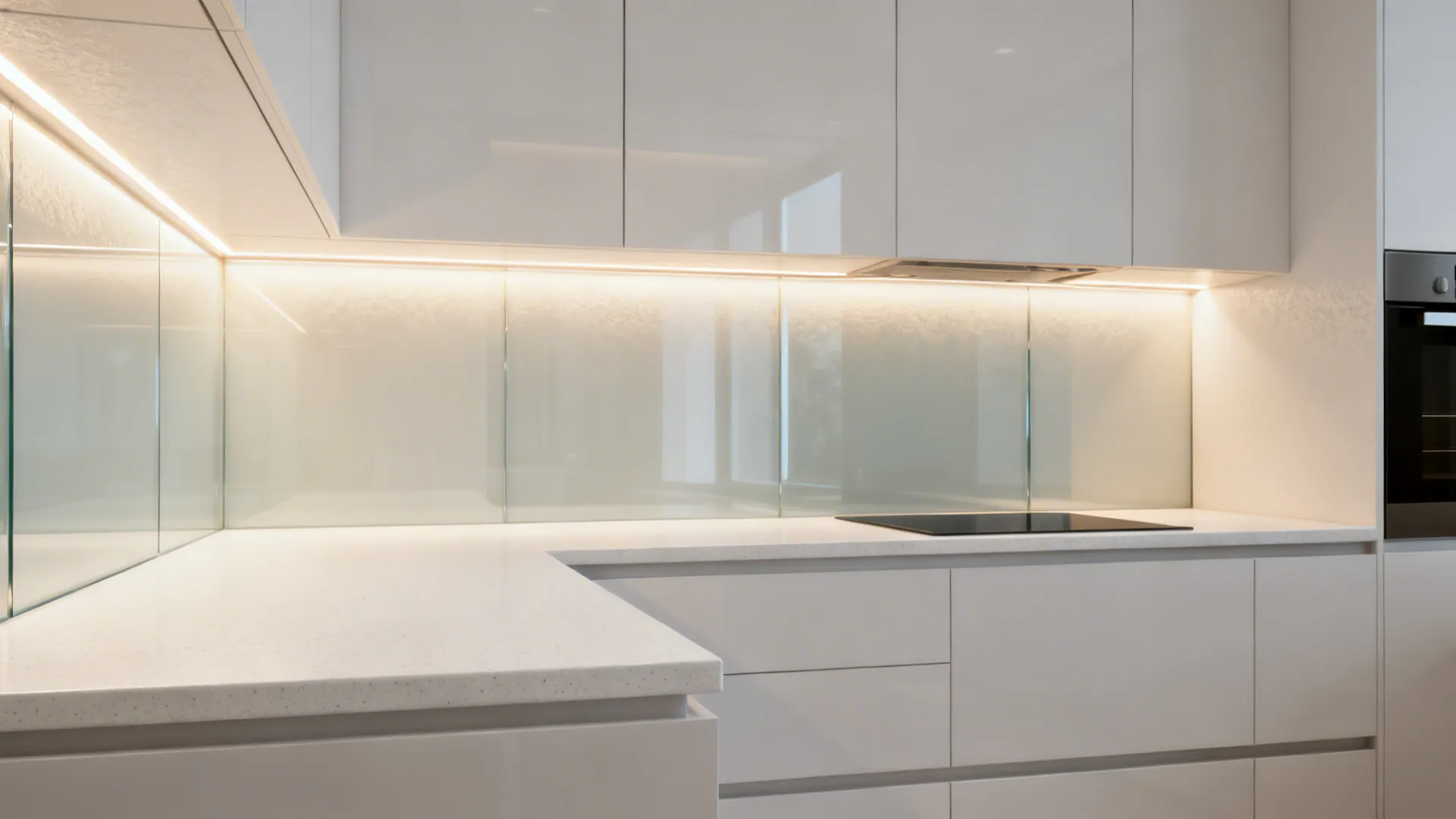 Compact kitchen with soft-white quartz countertop and a softly backlit glass backsplash.