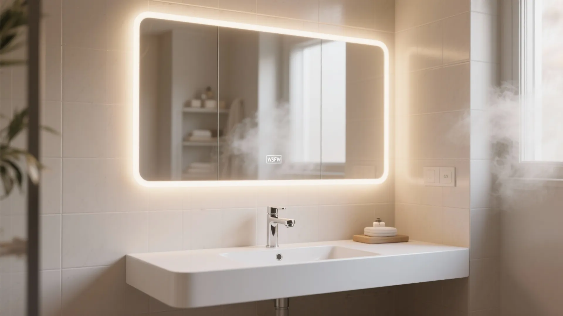 Frameless LED backlit bathroom mirror casting a soft halo over a slim vanity.