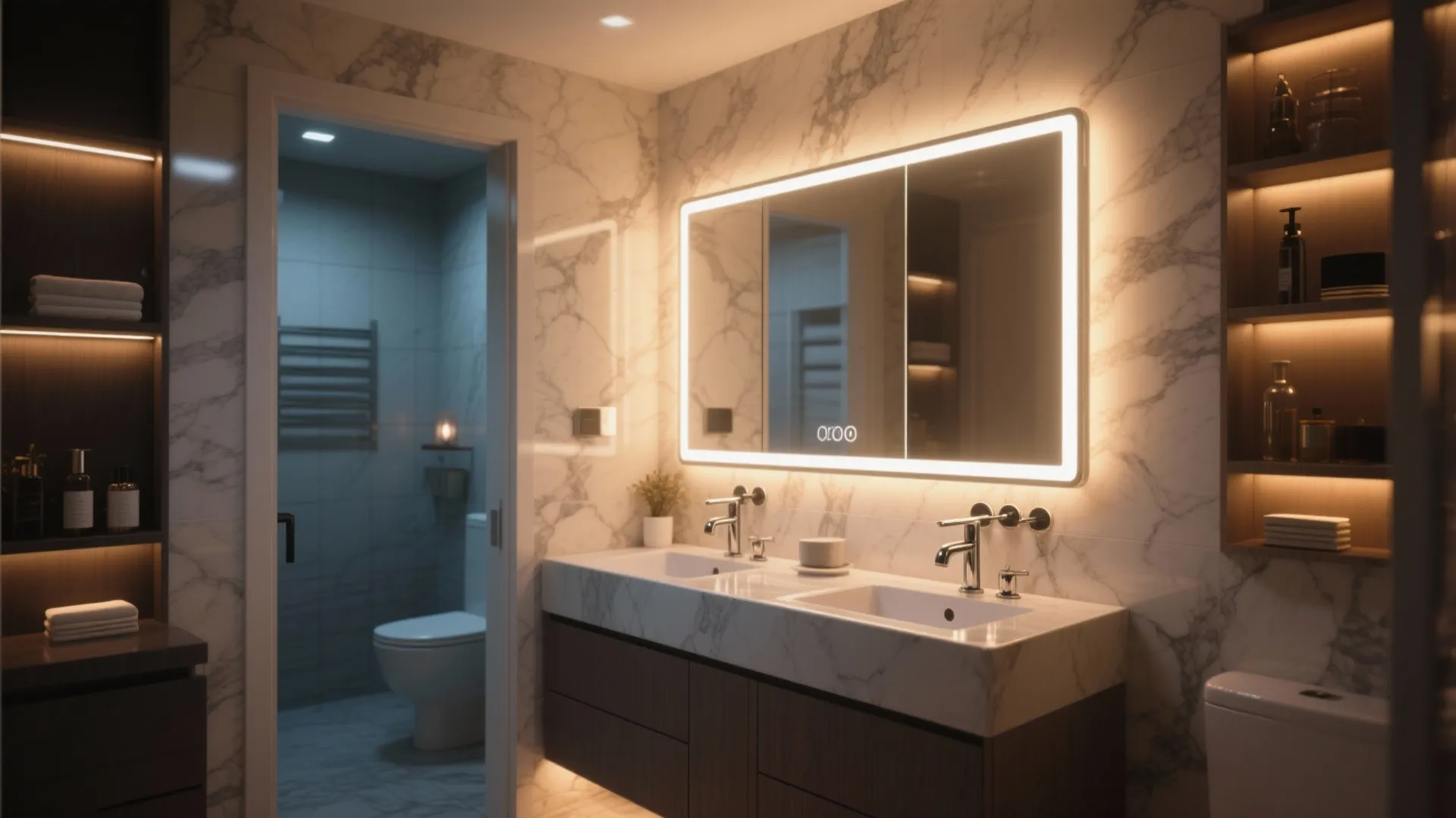 Warm-lit LED backlit bathroom mirror with marble accents