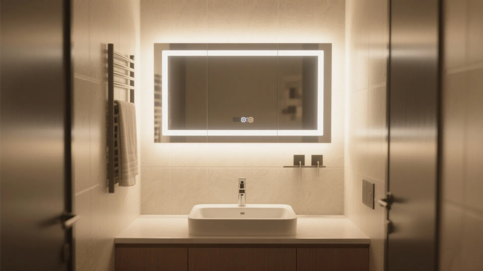 Modern bathroom with a glowing mirror cabinet over a white sink and wood vanity unit