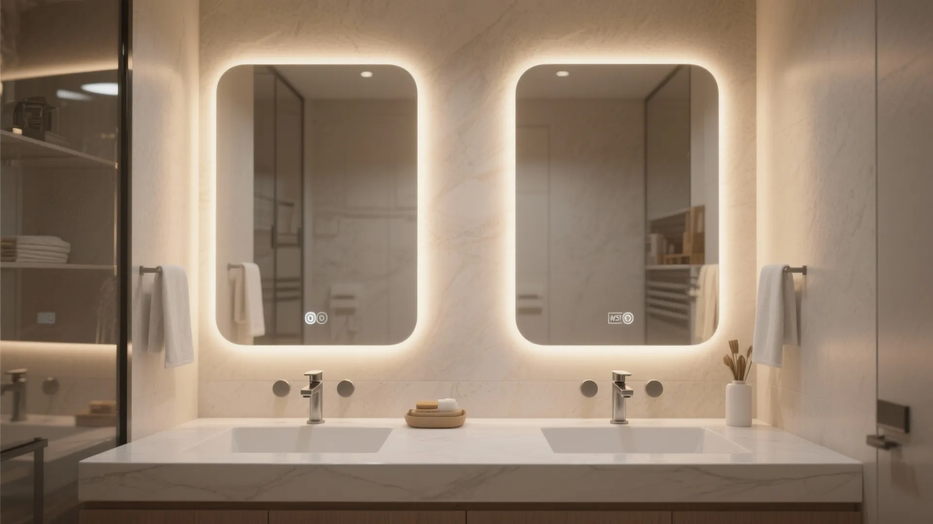 Modern bathroom with double white sinks and two large rounded rectangle mirrors with glowing backlights