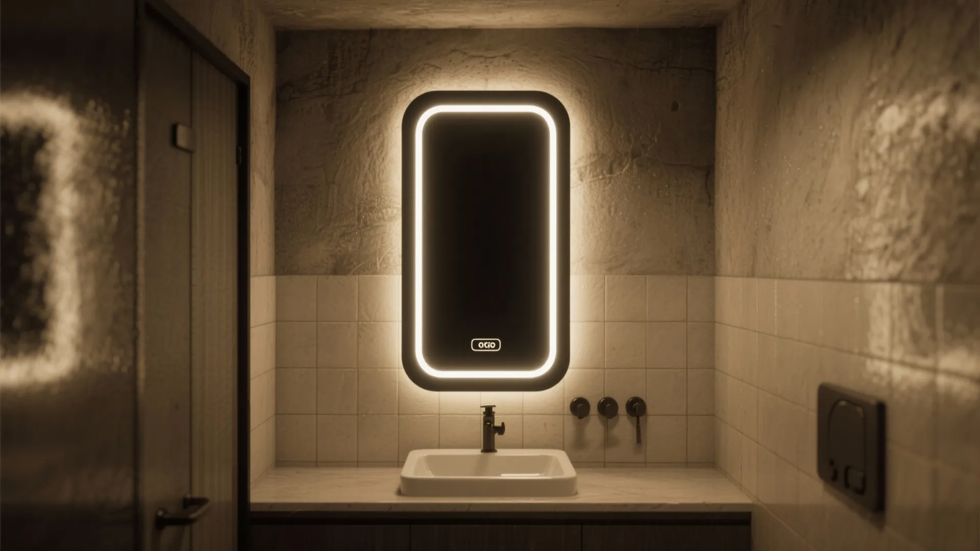 Modern bathroom with a glowing backlit wall mirror above a white sink and marble countertop