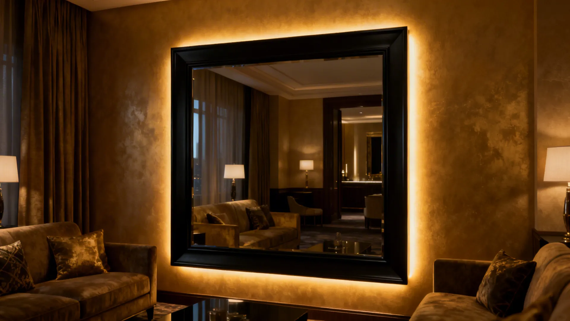 Large black mirror with warm LED backlighting creating a halo and cinematic ambiance