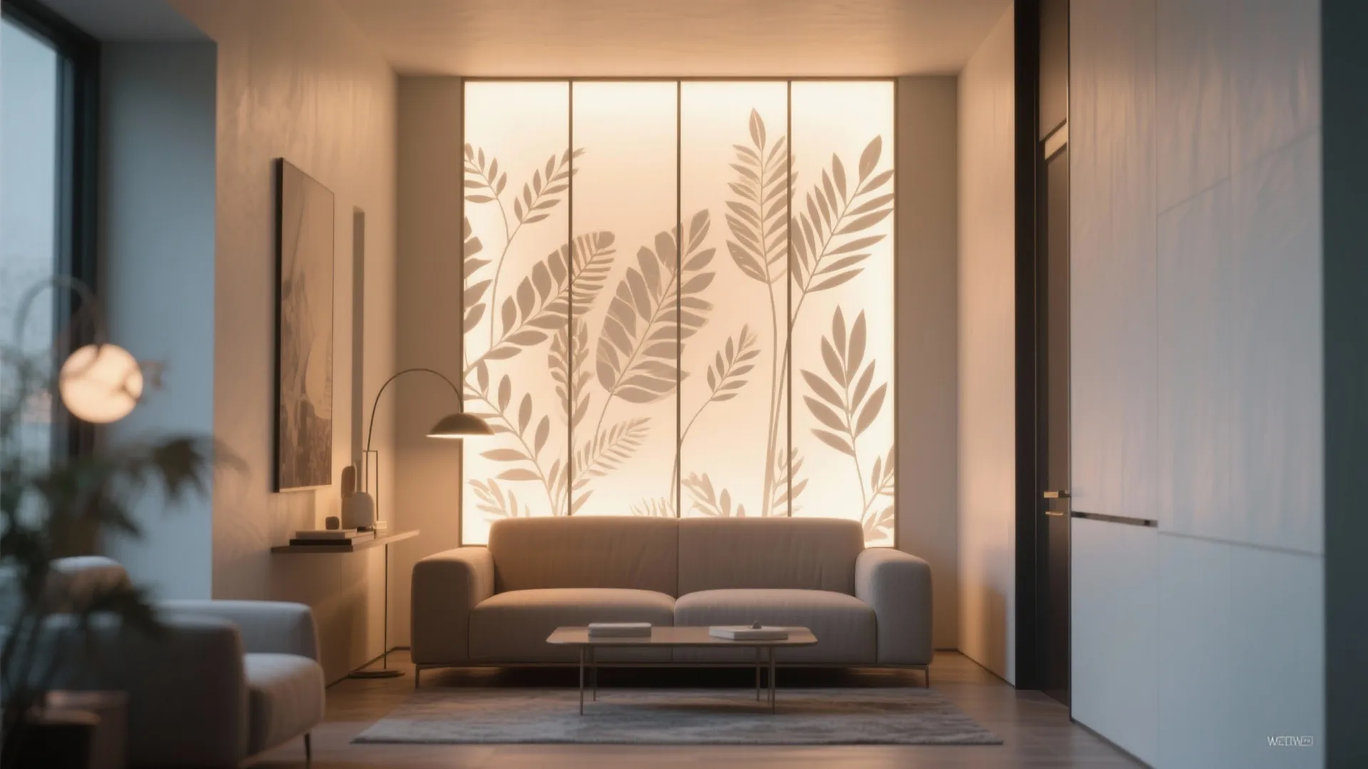 Slim backlit botanical panel with etched leaf patterns behind a sofa