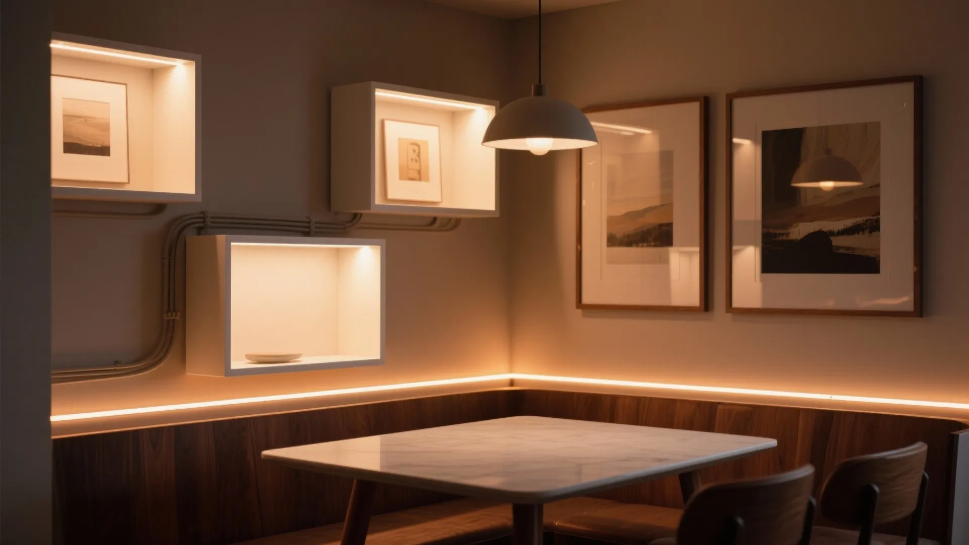 Dining area with marble table, wooden bench, light boxes on wall, framed pictures, and ceiling light