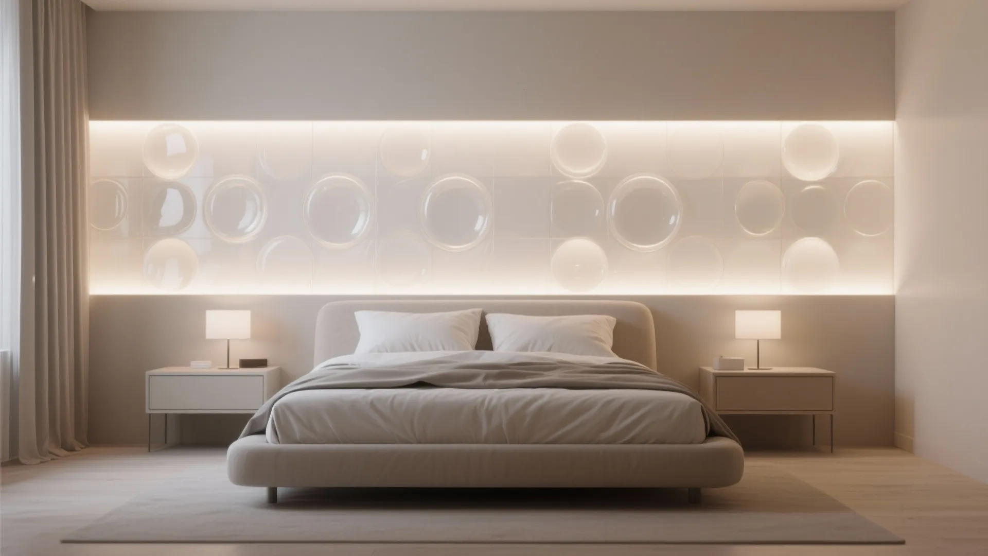 2. Backlit Bubble Panels Behind a Bed