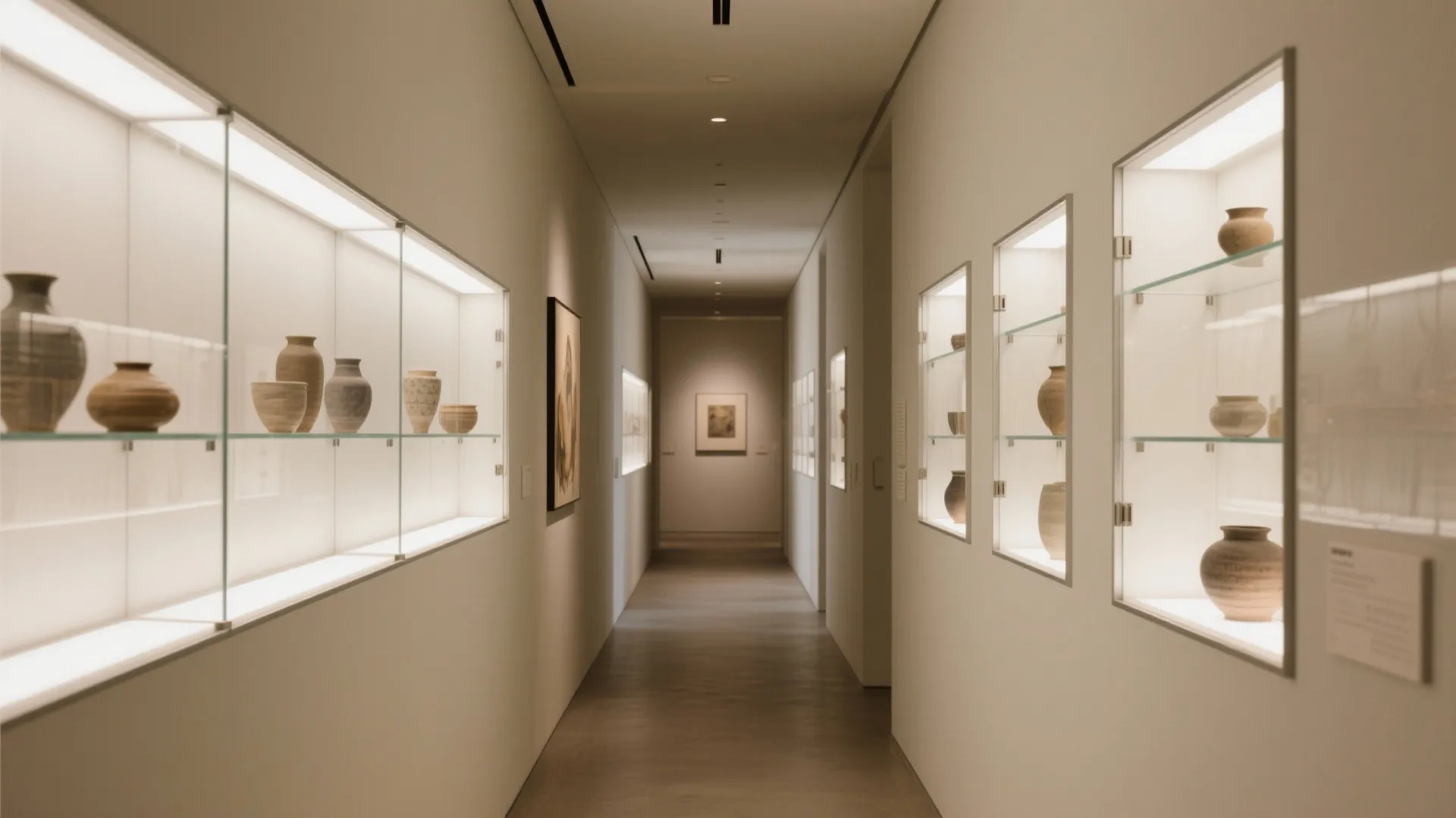 Long hallway with white walls and glass display cabinets containing various clay pots with interior lighting