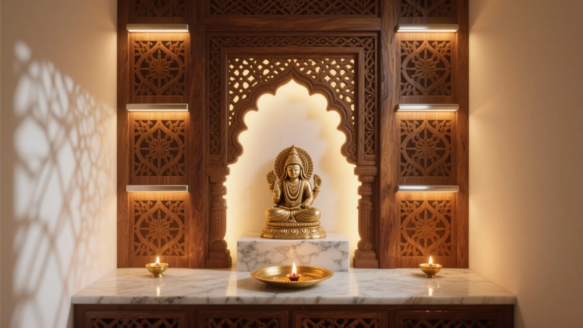 Idea 1: Backlit carved jali as the sacred backdrop