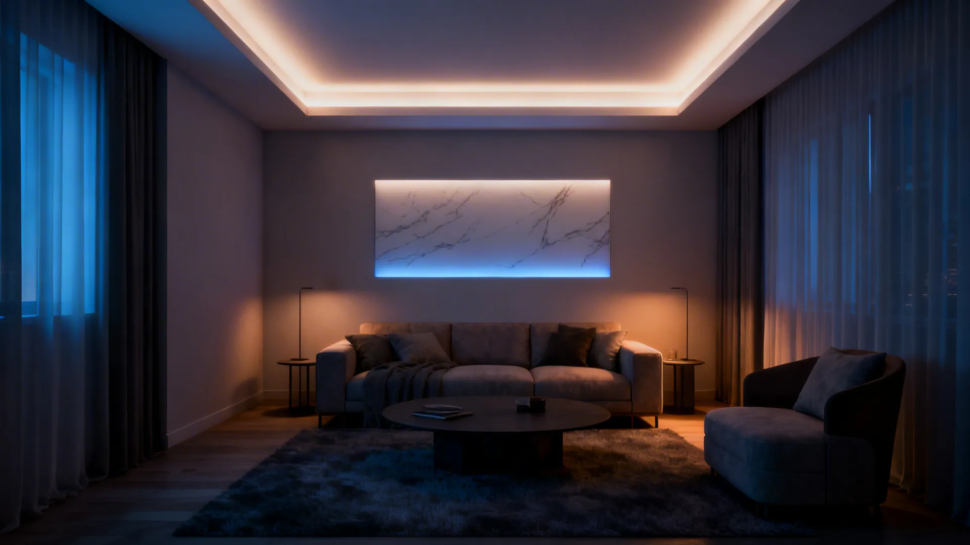 Small living room with a backlit tray ceiling and an artistic LED panel creating a focal plane
