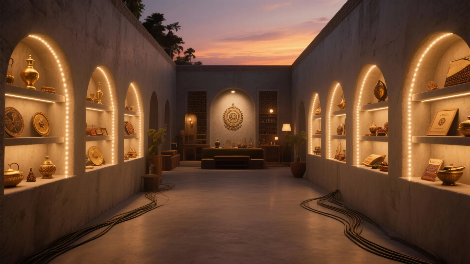 Middle Eastern style room with arched wall shelves featuring warm light and various antique decor